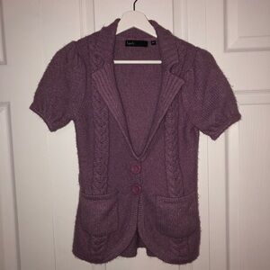 💜 S 💜 Cardigan Sweater Buttons Cable Knit Lapels Pockets Short Sleeve
